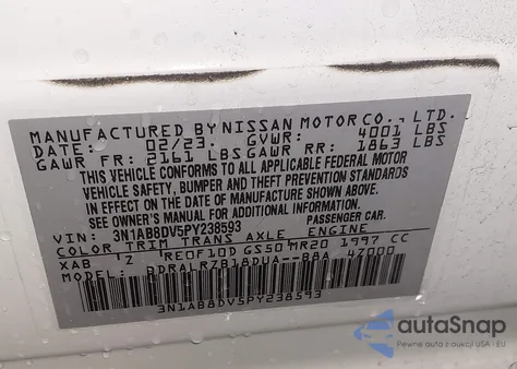 2023 Nissan Sentra Sr Xtronic Cvt z USA, uszkodzony, nr VIN 3N1AB8DV5PY238593
